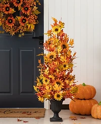 Glitzhome 48"H Fall Lighted Maple Leaf and Sunflower Urn Porch Tree with Timer