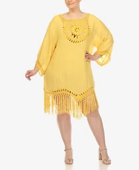 White Mark Plus Crocheted Fringed Trim Cover Up Dress