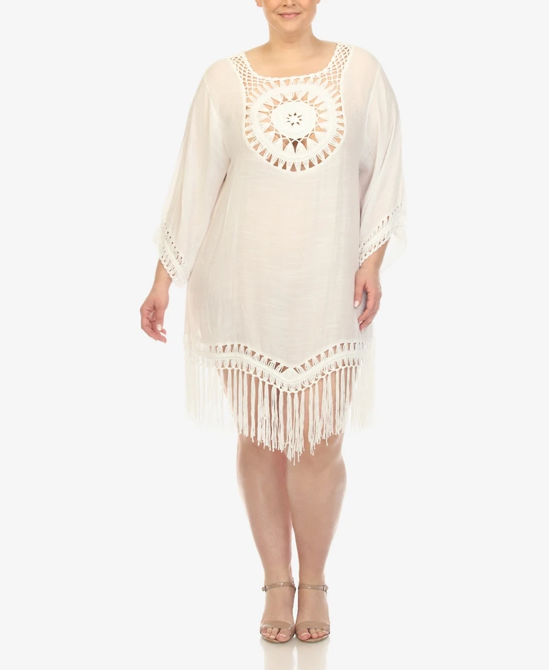 White Mark Plus Crocheted Fringed Trim Cover Up Dress