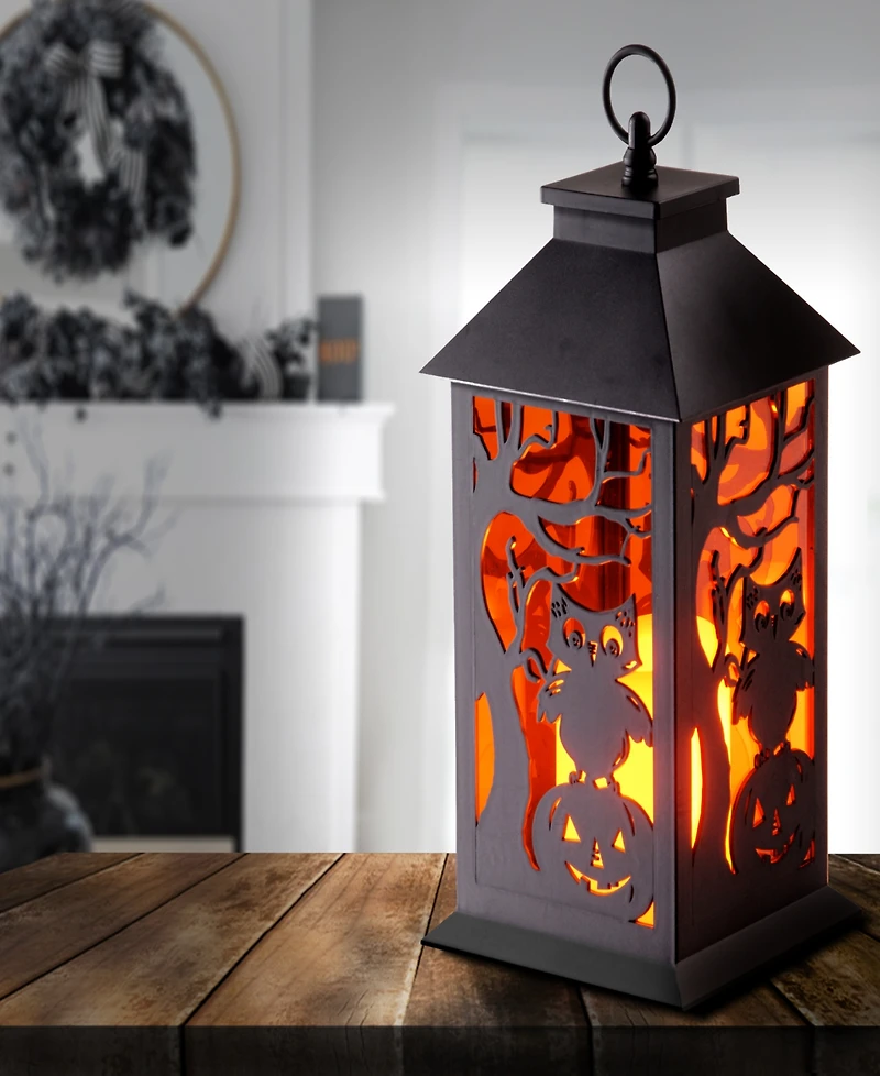 National Tree Company 12" Halloween Lantern with Led Lights, Carved Images of Owls, Pumpkins, Leafless Trees