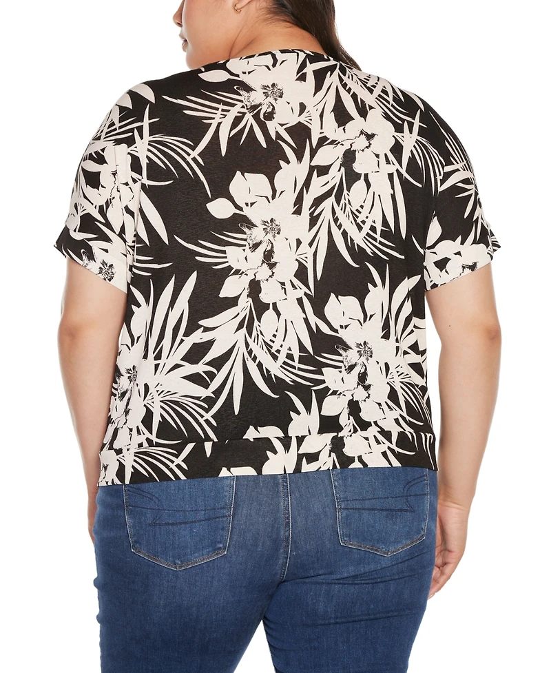 Belldini Plus Floral Print Lace-Up Top