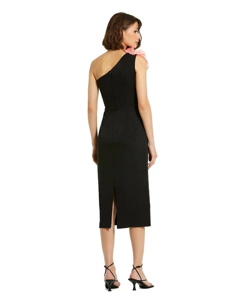 Mac Duggal Women's Crepe One Shoulder Flower Detail Midi Dress