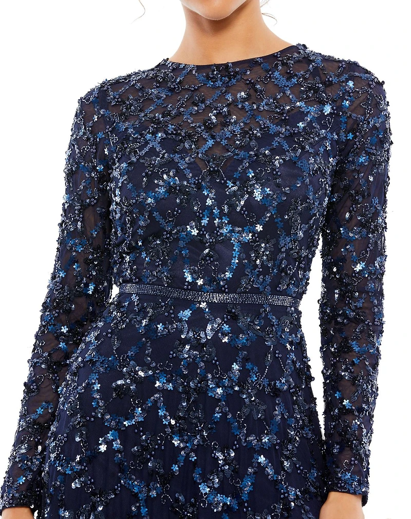 Mac Duggal Women's Embellished Illusion High Neck Long Sleeve A Line