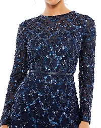 Mac Duggal Women's Embellished Illusion High Neck Long Sleeve A Line