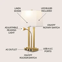 Jonathan Y Blaire 23.75" 2-Light Modern Farmhouse Metal Led Table Lamp with Usb Charging port, Adjustable Reading Light and Ac Outlet, Oil Rubbed Bron