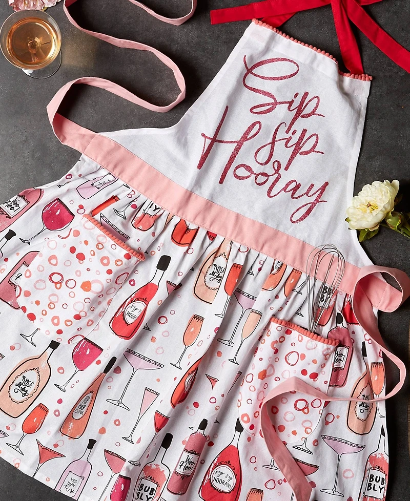 Design Imports Women's Spring Summer Apron Collection Adjustable, Two Large Pockets Extra Long Ties, One Size Fits Most, Sip Sip Hooray