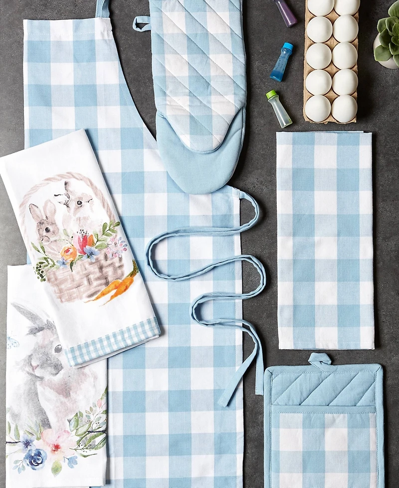 Design Imports Buffalo Check Kitchen Collection, Classic Farmhouse Kitchen Set, Potholder Oven Mitt, White Light Blue, 2 Piece