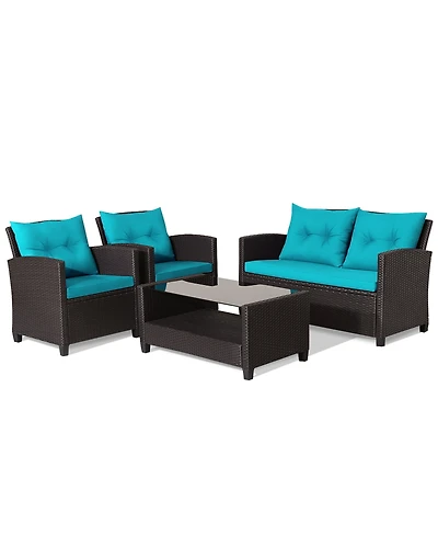 Gymax 4PCS Outdoor Conversation Set Patio Pe Rattan Set w/ Glass Table & Sofa Cushions