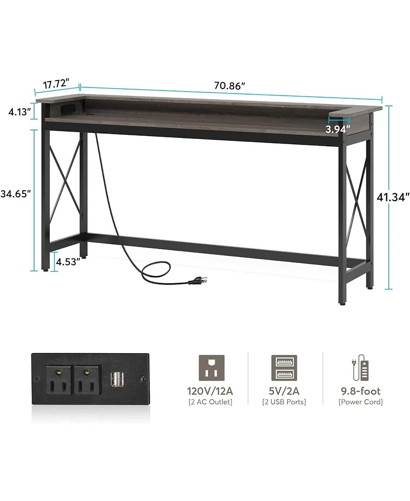 Tribesigns Sofa Table with Outlets and Usb Ports, 70.9 inch Extra Long Console Behind Couch Charging Station, Industrial Narrow Entryway Ha