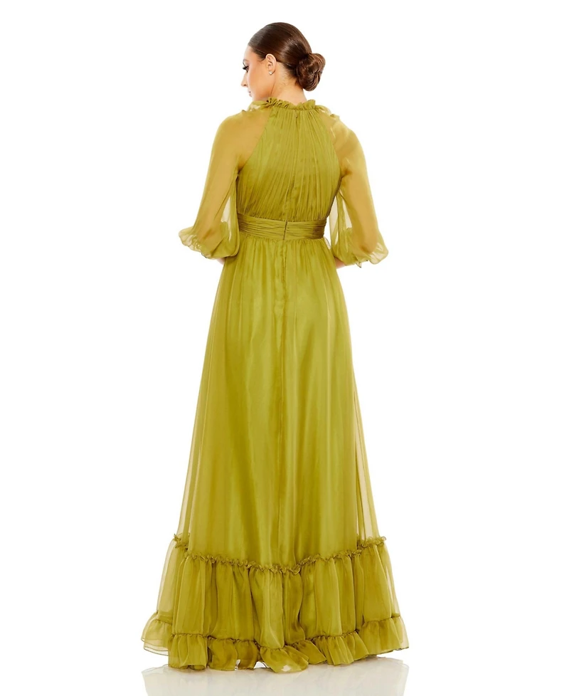 Mac Duggal Women's Chiffon Ruched Illusion Raglan Sleeve Ruffled Gown