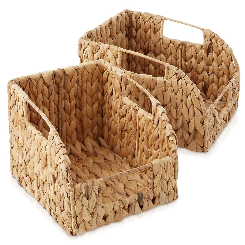 Casafield (Set of 2) Water Hyacinth Pantry Baskets with Handles - Natural, Medium and Large Size Woven Storage Baskets for Kitchen Shelves - Natural