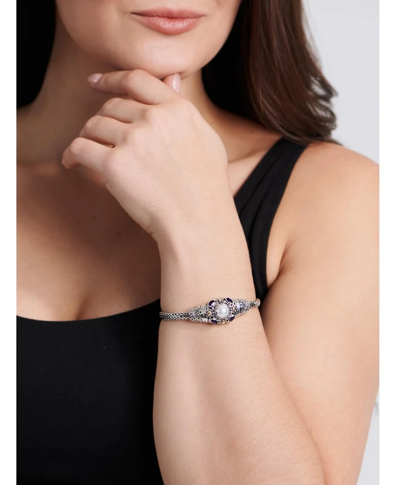 Devata Citrine, Freshwater Cultured Pearl & Bali Filigree with Dragon Bone Oval 5mm Chain Bracelet in Sterling Silver and 18K Gold