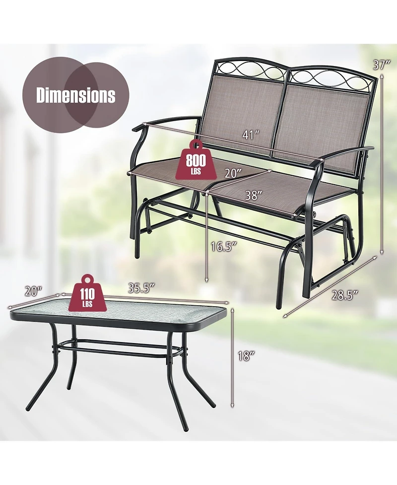 Outdoor Gliding Loveseat Chair with Tempered Glass Coffee Table