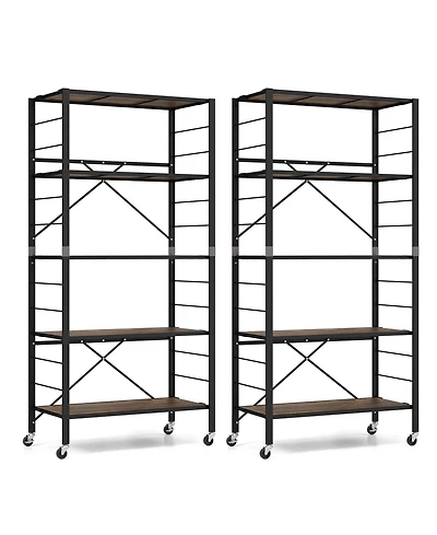 2 Pcs 5-Tier Folding Shelf Free Diy Design Shelving Unit with 4 Universal Wheels