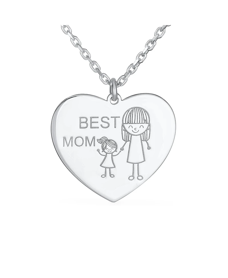 Bling Jewelry Cartoon Mother Daughter Stick Figure Heart Inspirational Message Words Best Mother Heart Necklace Pendant Mom Sterling Silver