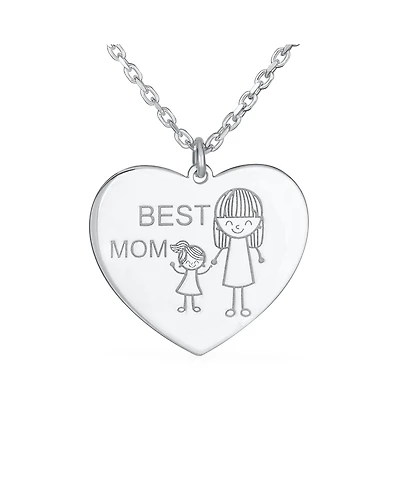 Bling Jewelry Cartoon Mother Daughter Stick Figure Heart Inspirational Message Words Best Mother Heart Necklace Pendant Mom Sterling Silver