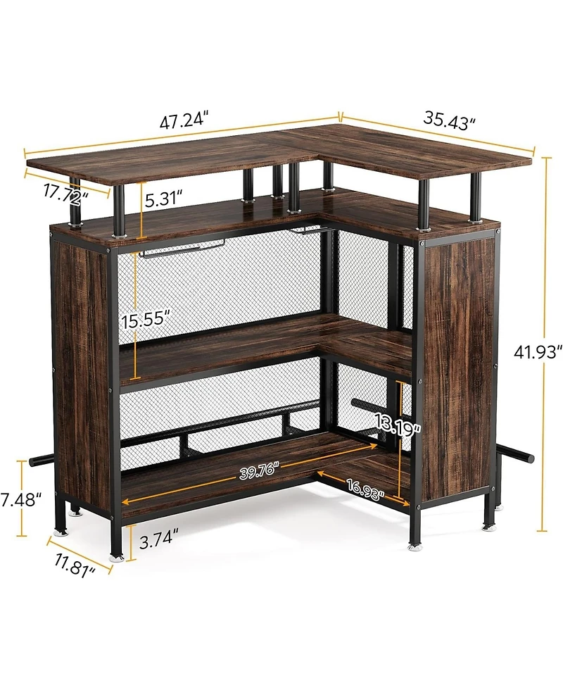 Tribesigns Home Bar Unit, L-Shaped Bar Table with Stemware Racks and 2-Tier Shelves, Corner Mini Coffee Liquor Cabinet with Footrest for Home/Kitchen/
