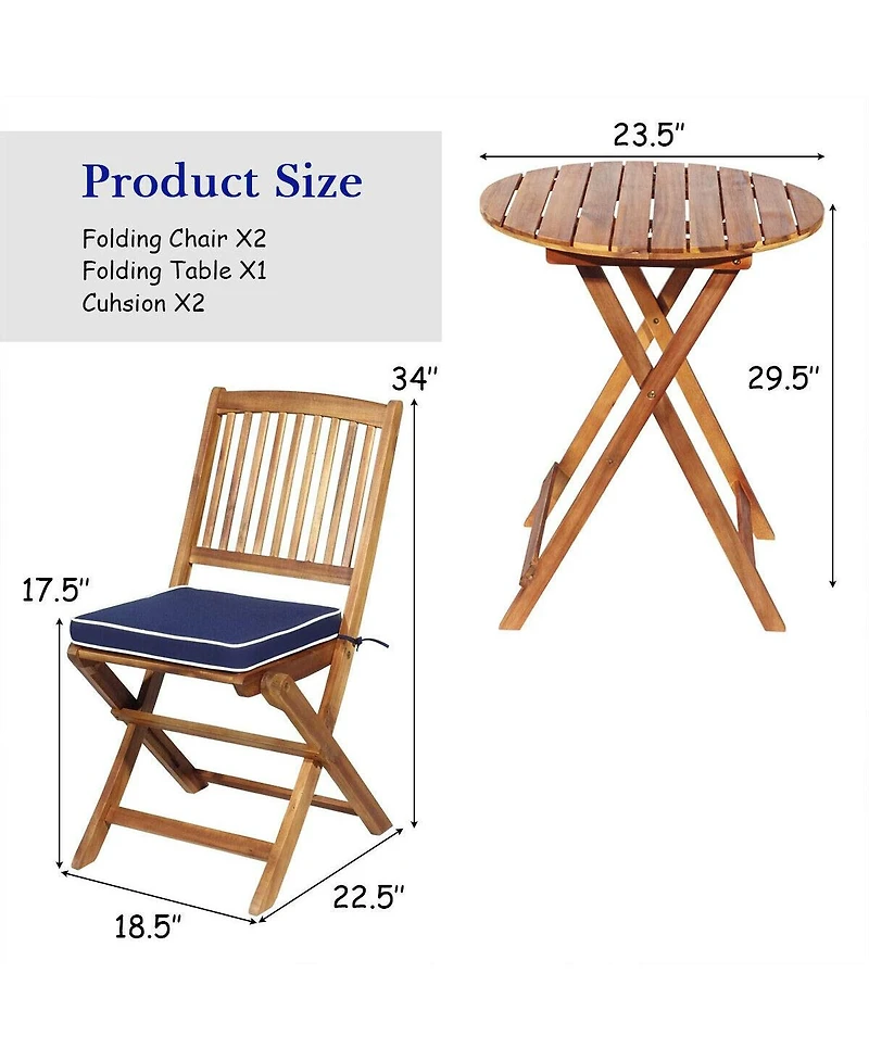 Sugift 3 Pieces Patio Folding Bistro Set with Padded Cushion and Round Coffee Table