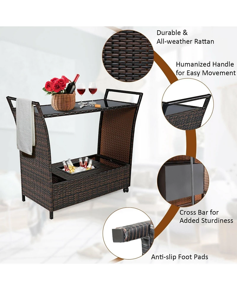 Sugift Patio Rattan Bar Serving Cart with Glass Top and Handle