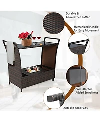 Sugift Patio Rattan Bar Serving Cart with Glass Top and Handle