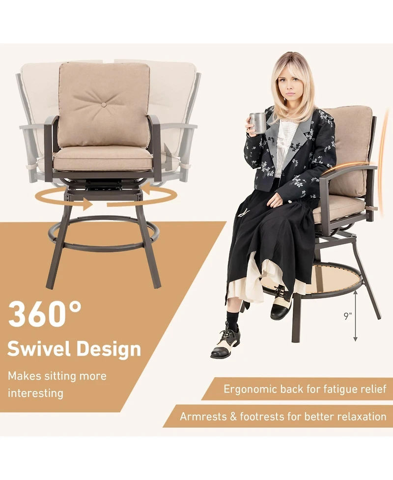 Sugift 3 Pieces Patio Swivel Bar Table Set with Removable Cushions and Rustproof Metal Frame