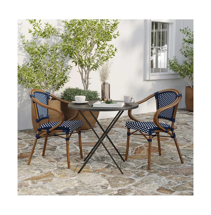 Merrick Lane Sacha Set Of Two Stacking Thonet Bistro Style Chair With Arms, Pe Rattan Seat, And Bamboo Metal Frame For Indoor/Outdoor Use