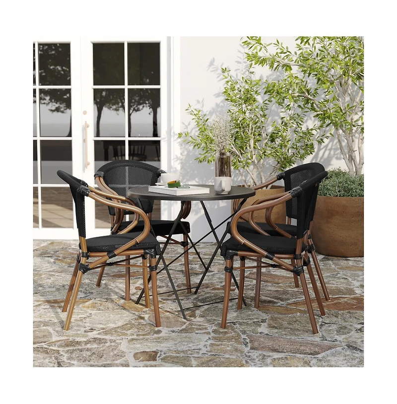 Merrick Lane Mael Set Of Four Stacking Thonet Bistro Style Chair With Arms, Textilene Seat, And Bamboo Finished Metal Frame For Indoor/Outdoor Use