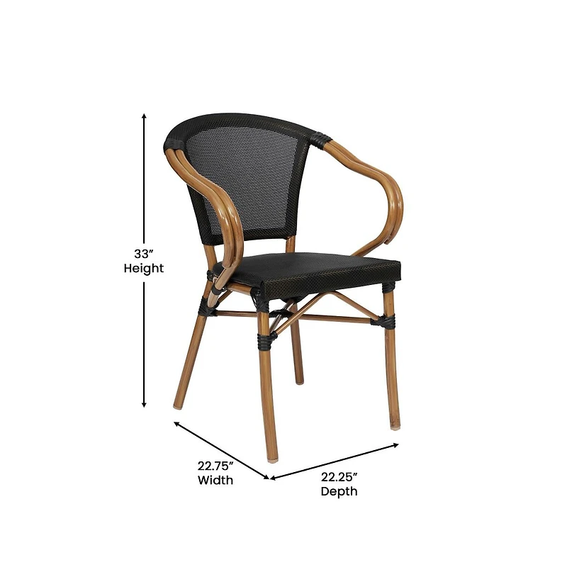 Merrick Lane Mael Set Of Four Stacking Thonet Bistro Style Chair With Arms, Textilene Seat, And Bamboo Finished Metal Frame For Indoor/Outdoor Use