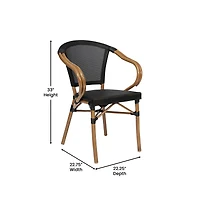 Merrick Lane Mael Set Of Four Stacking Thonet Bistro Style Chair With Arms, Textilene Seat, And Bamboo Finished Metal Frame For Indoor/Outdoor Use