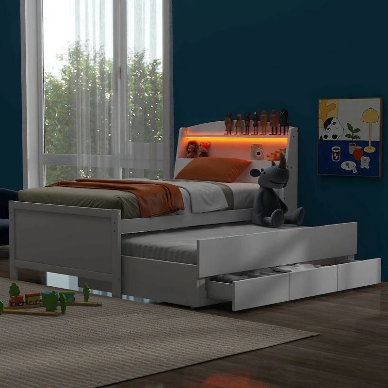 Simplie Fun Twin Size Platform Bed With Storage Led Headboard, Twin Size Trundle And 3 Drawers