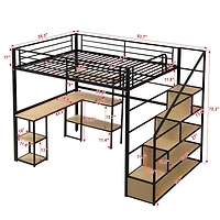 Full Size Metal Loft Bed With Staircase, Built-In Desk And Shelves