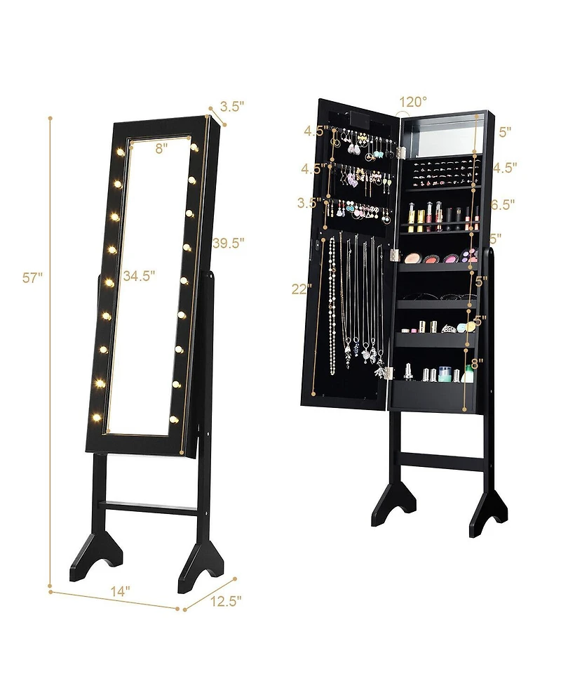 Sugift Mirrored Standing Jewelry Armoire Cabinet with Led Lights