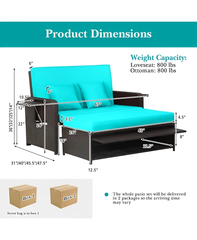 Patio Rattan Daybed with 4-Level Adjustable Backrest and Retractable Side Tray