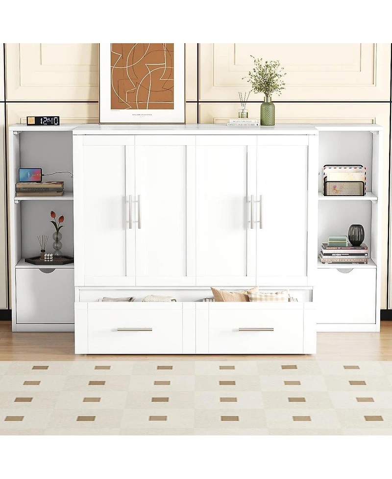 Simplie Fun Queen Size Murphy Bed With Shelves, Drawers And Usb Ports, White