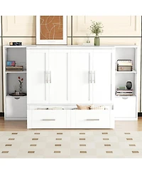 Simplie Fun Queen Size Murphy Bed With Shelves, Drawers And Usb Ports, White