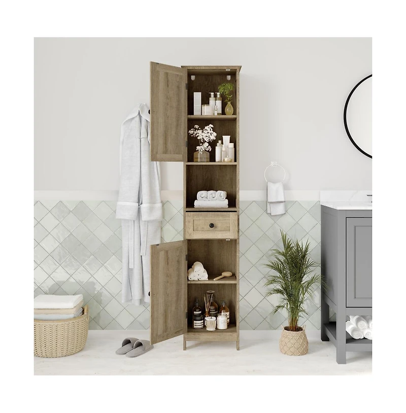 Merrick Lane Delilah Slim Linen Tower Organizer With Storage Drawer, Upper And Lower Cabinets Magnetic Closure Doors Open Shelf