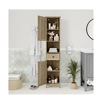 Merrick Lane Delilah Slim Linen Tower Organizer With Storage Drawer, Upper And Lower Cabinets Magnetic Closure Doors Open Shelf