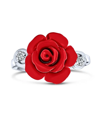 Bling Jewelry Cz Accent Flower Fashion Red carved Rose Statement Ring Sterling Silver