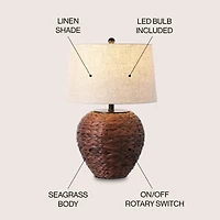 Jonathan Y Alaro 24.5" Farmhouse Coastal Water Hyacinth Basket Led Table Lamp, Dark Brown