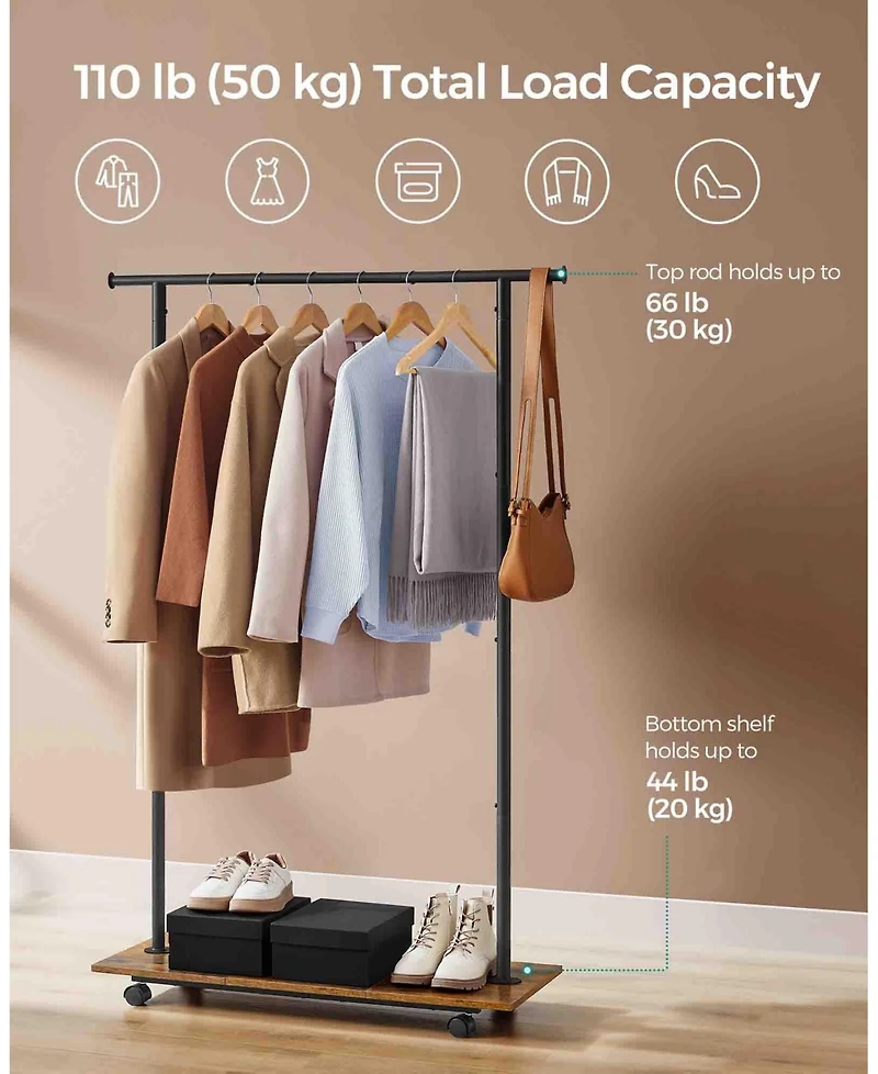 Slickblue Clothes Rack with Wheels, Garment Rack for Hanging Clothes with Shelf