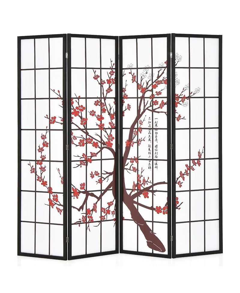 4-Panel Japanese Style Folding Room Divider with Elegant Plum Blossom Design Indoor
