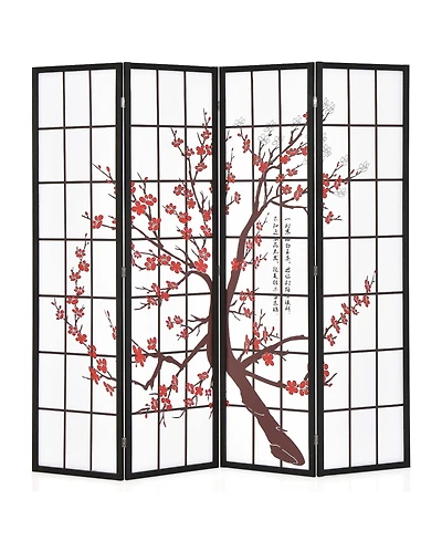 4-Panel Japanese Style Folding Room Divider with Elegant Plum Blossom Design Indoor