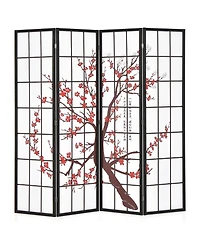 4-Panel Japanese Style Folding Room Divider with Elegant Plum Blossom Design Indoor
