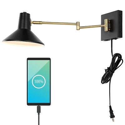 Jonathan Y Hygge Swing Arm Modern Midcentury Iron Usb Charging Port Led Sconce