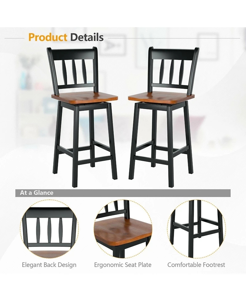 Sugift 24.5 Inches Set of 2 Swivel Bar Stools with 360° Swiveling