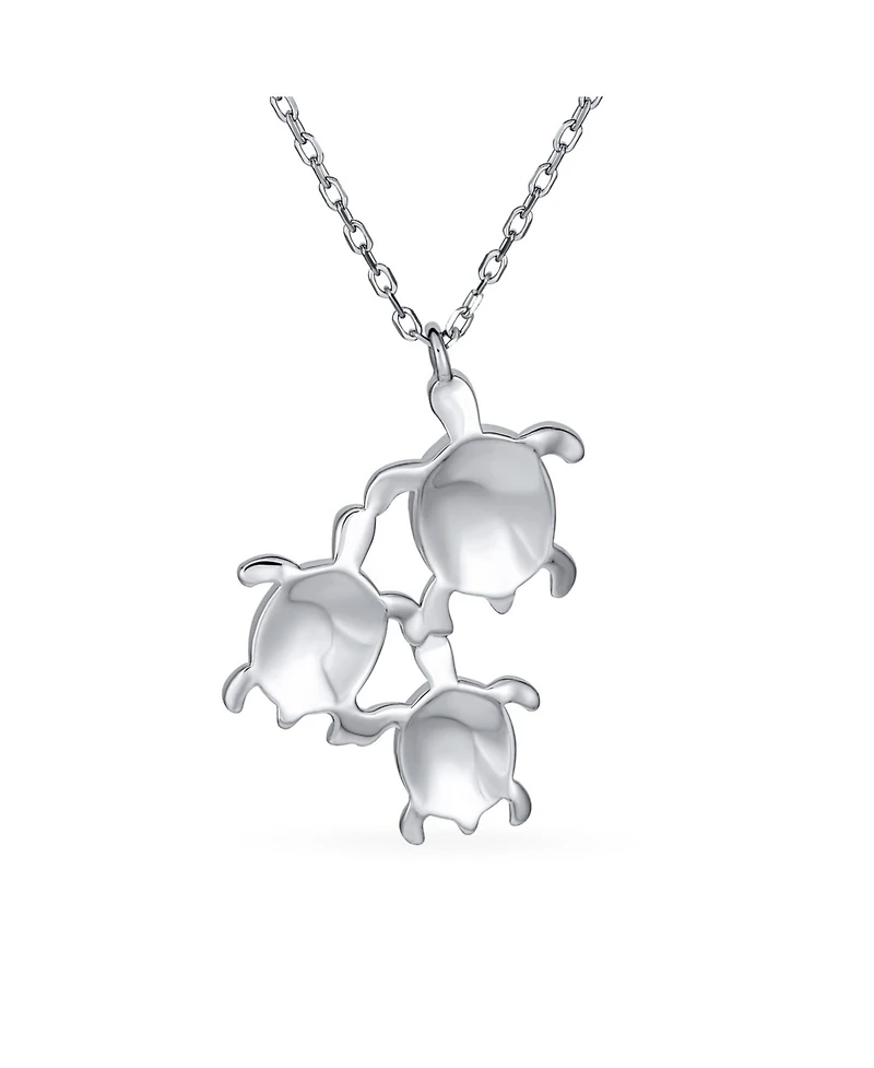 Bling Jewelry Nautical Synthetic Opal Inlay Green Mother Mom Babies Sea Turtle Family Pendant Necklace Sterling Silver