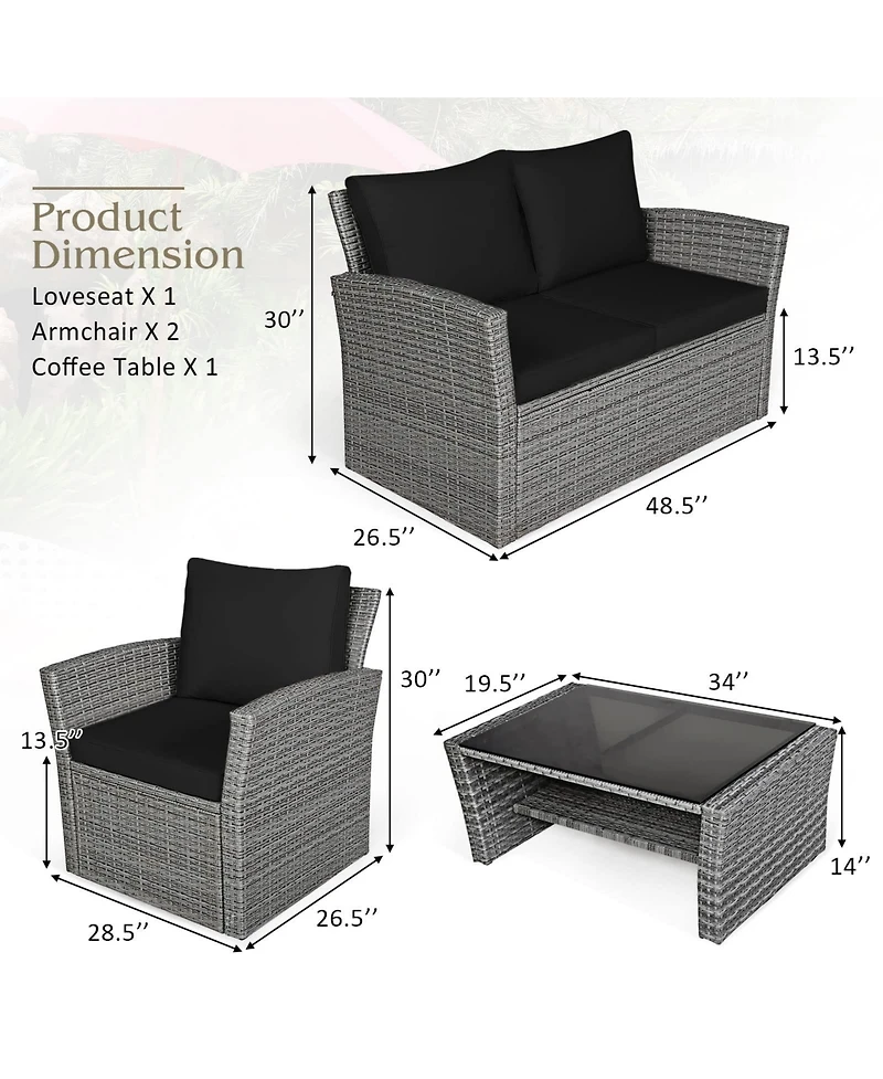 Sugift 4 Pieces Patio Rattan Furniture Set Sofa Table with Storage Shelf Cushion
