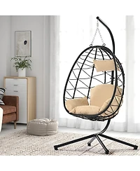 Mondawe Wicker Hanging Egg Basket Hammock Chair With Stand and Removable Cushions, Red