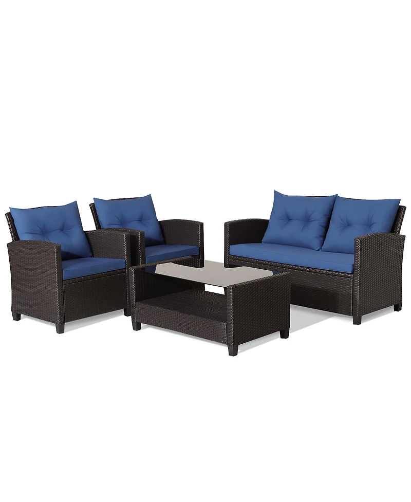 Gymax 4PCS Outdoor Conversation Set Patio Pe Rattan w/ Glass Table & Sofa Cushions