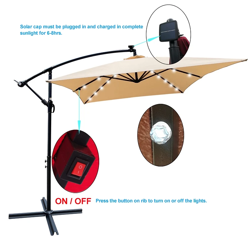 Streamdale Solar Powered Led Patio Umbrella, 8 Ribs, Crank and Cross Base